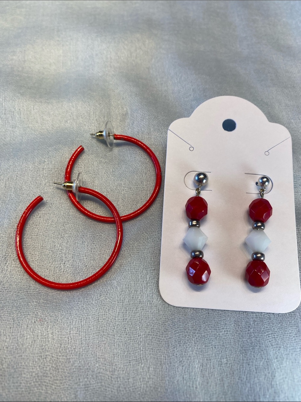 Red Hoops and Beaded Drop Earring Set